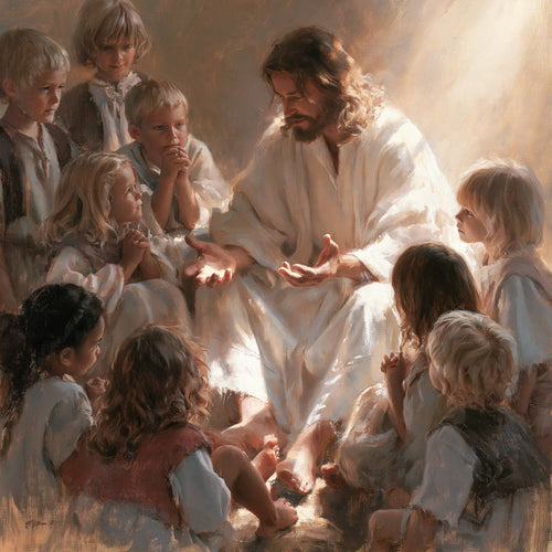 Jesus with children in a meditation on sacred innocence in Innocence as a Sacred Symbol style, square Christian artwork no. 5