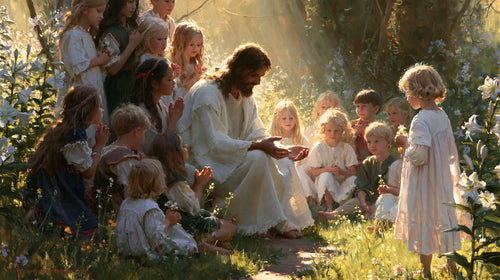 Jesus and the children in a symbolist composition in Symbolist style, landscape Christian artwork no. 5