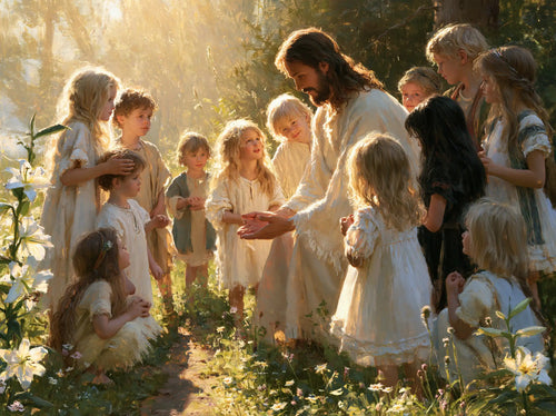 Jesus and the children in a symbolist composition in Symbolist style, landscape Christian artwork no. 9