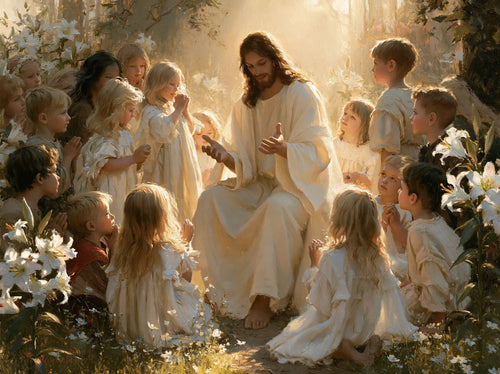 Jesus and the children in a symbolist composition in Symbolist style, landscape Christian artwork no. 14