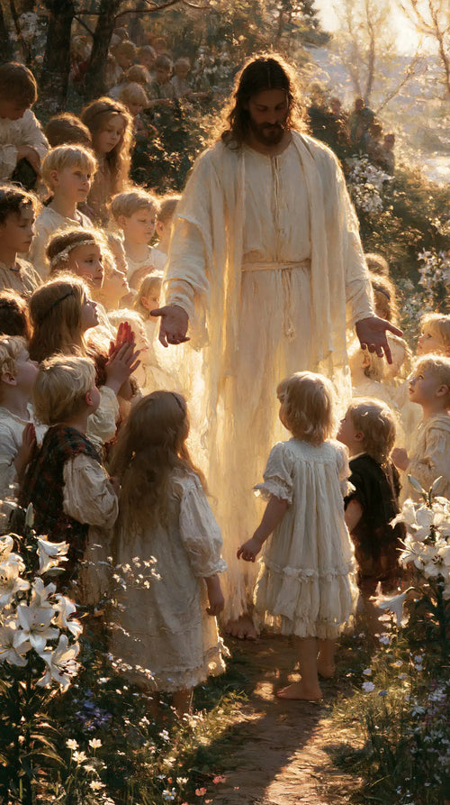 Jesus and the children in a symbolist composition in Symbolist style, portrait Christian artwork no. 2