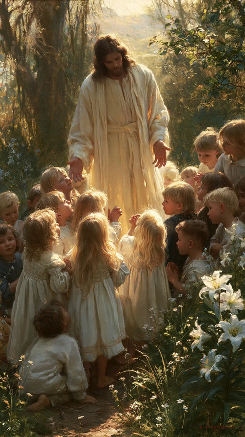 Jesus and the children in a symbolist composition in Symbolist style, portrait Christian artwork no. 8