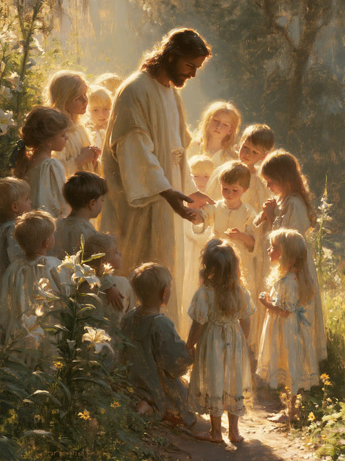 Jesus and the children in a symbolist composition in Symbolist style, portrait Christian artwork no. 12