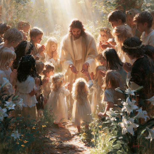 Jesus and the children in a symbolist composition in Symbolist style, square Christian artwork no. 4