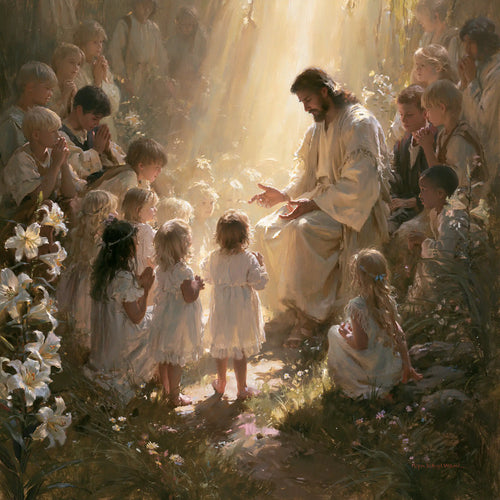 Jesus and the children in a symbolist composition in Symbolist style, square Christian artwork no. 7