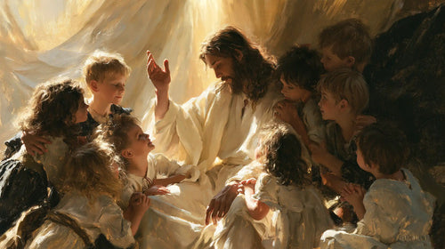 Jesus welcoming children in a theatrical Baroque scene in Theatrical Baroque style, landscape Christian artwork no. 4