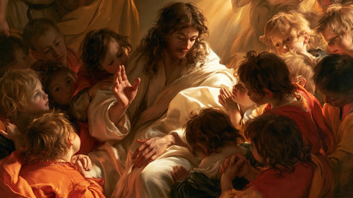 Jesus welcoming children in a theatrical Baroque scene in Theatrical Baroque style, landscape Christian artwork no. 5