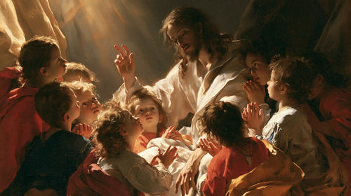 Jesus welcoming children in a theatrical Baroque scene in Theatrical Baroque style, landscape Christian artwork no. 6