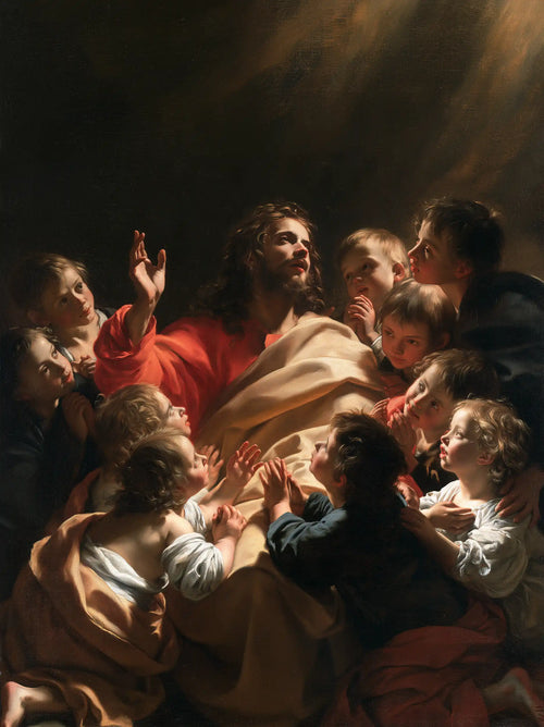 Jesus welcoming children in a theatrical Baroque scene in Theatrical Baroque style, portrait Christian artwork no. 6