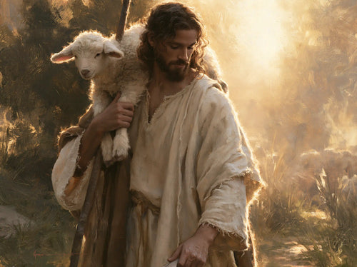 Jesus and the lamb in a cinematic biblical landscape in Biblical Cinema style, landscape Christian artwork no. 5