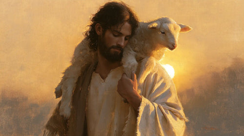 Jesus and the lamb in a cinematic biblical landscape in Biblical Cinema style, landscape Christian artwork no. 7