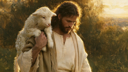 Jesus and the lamb in a cinematic biblical landscape in Biblical Cinema style, landscape Christian artwork no. 8