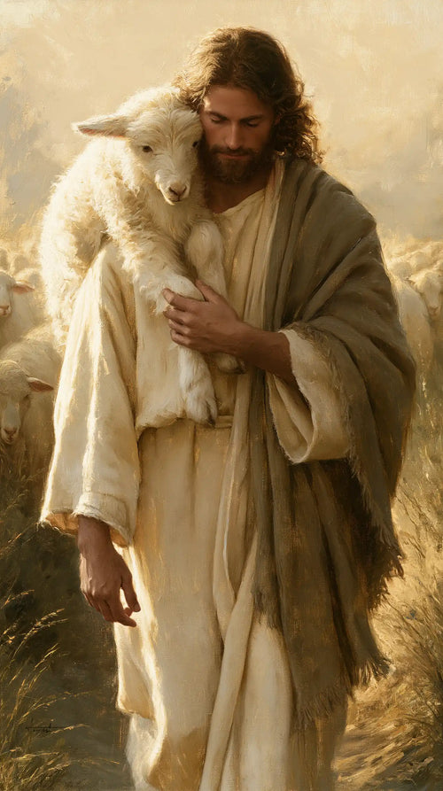 Jesus and the lamb in a cinematic biblical landscape in Biblical Cinema style, portrait Christian artwork no. 2