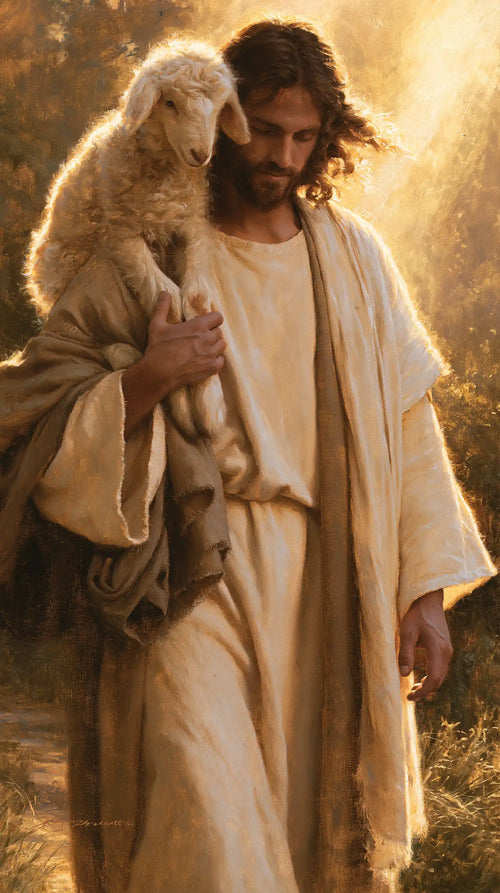 Jesus and the lamb in a cinematic biblical landscape in Biblical Cinema style, portrait Christian artwork no. 7