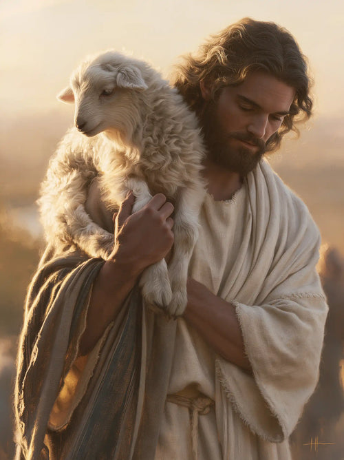Jesus and the lamb in a cinematic biblical landscape in Biblical Cinema style, portrait Christian artwork no. 13