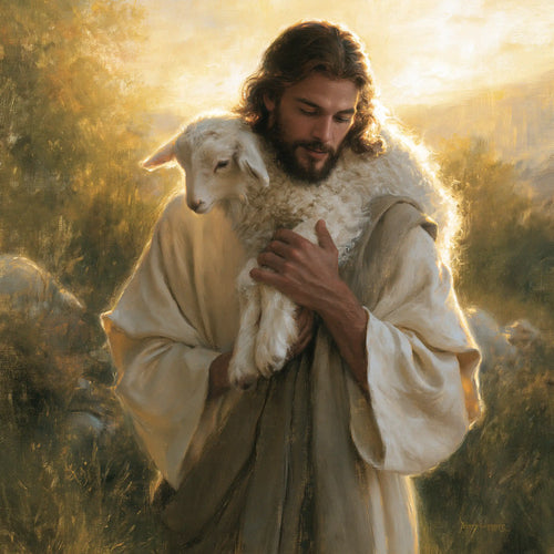 Jesus and the lamb in a cinematic biblical landscape in Biblical Cinema style, square Christian artwork no. 2