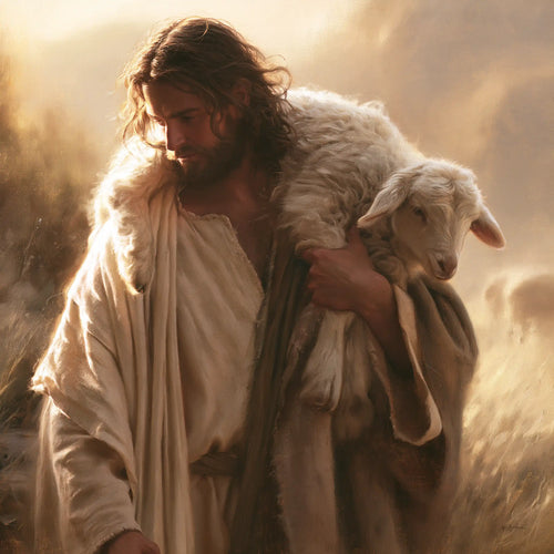 Jesus and the lamb in a cinematic biblical landscape in Biblical Cinema style, square Christian artwork no. 3