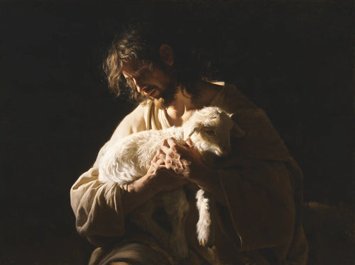 Jesus with a lamb in dramatic chiaroscuro in Caravaggio Tenebrism style, landscape Christian artwork no. 1
