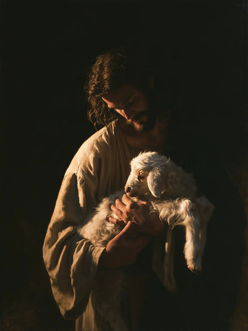 Jesus with a lamb in dramatic chiaroscuro in Caravaggio Tenebrism style, portrait Christian artwork no. 1