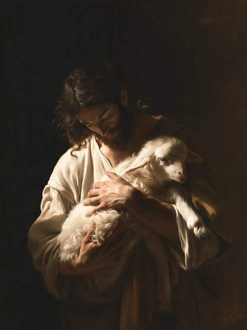 Jesus with a lamb in dramatic chiaroscuro in Caravaggio Tenebrism style, portrait Christian artwork no. 2