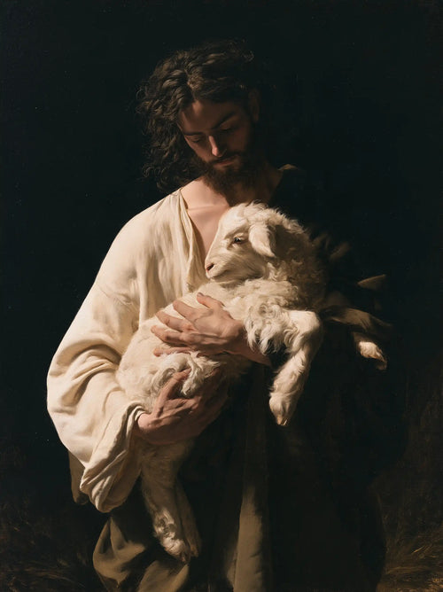 Jesus with a lamb in dramatic chiaroscuro in Caravaggio Tenebrism style, portrait Christian artwork no. 3