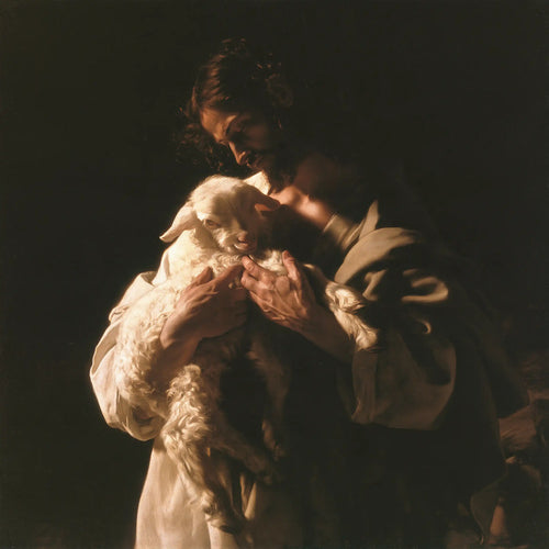Jesus with a lamb in dramatic chiaroscuro in Caravaggio Tenebrism style, square Christian artwork no. 1
