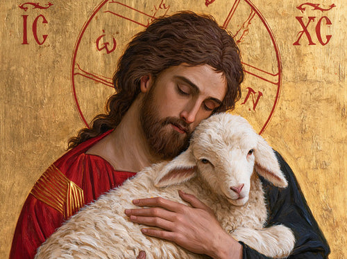 Jesus and the lamb in a contemporary Byzantine icon in Contemporary Byzantine style, landscape Christian artwork no. 2