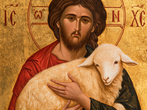 Jesus and the lamb in a contemporary Byzantine icon in Contemporary Byzantine style, landscape Christian artwork no. 5
