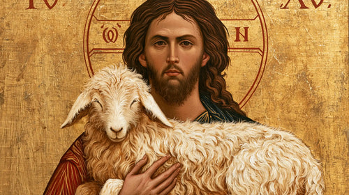 Jesus and the lamb in a contemporary Byzantine icon in Contemporary Byzantine style, landscape Christian artwork no. 7