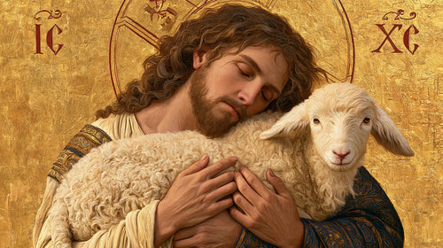 Jesus and the lamb in a contemporary Byzantine icon in Contemporary Byzantine style, landscape Christian artwork no. 9