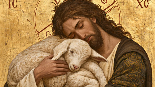 Jesus and the lamb in a contemporary Byzantine icon in Contemporary Byzantine style, landscape Christian artwork no. 11