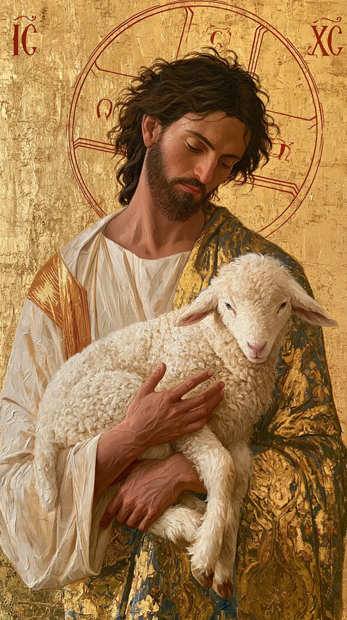 Jesus and the lamb in a contemporary Byzantine icon in Contemporary Byzantine style, portrait Christian artwork no. 1