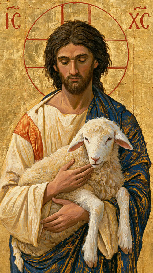 Jesus and the lamb in a contemporary Byzantine icon in Contemporary Byzantine style, portrait Christian artwork no. 2