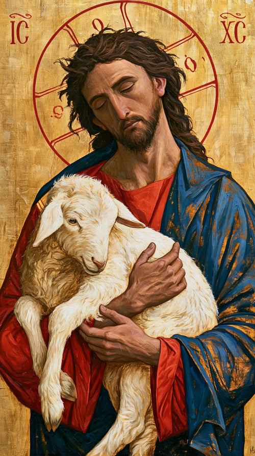 Jesus and the lamb in a contemporary Byzantine icon in Contemporary Byzantine style, portrait Christian artwork no. 3