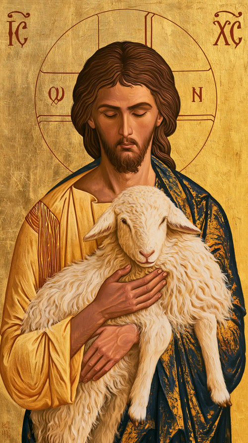 Jesus and the lamb in a contemporary Byzantine icon in Contemporary Byzantine style, portrait Christian artwork no. 7