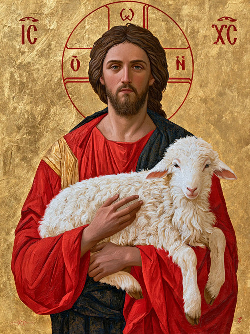 Jesus and the lamb in a contemporary Byzantine icon in Contemporary Byzantine style, portrait Christian artwork no. 10
