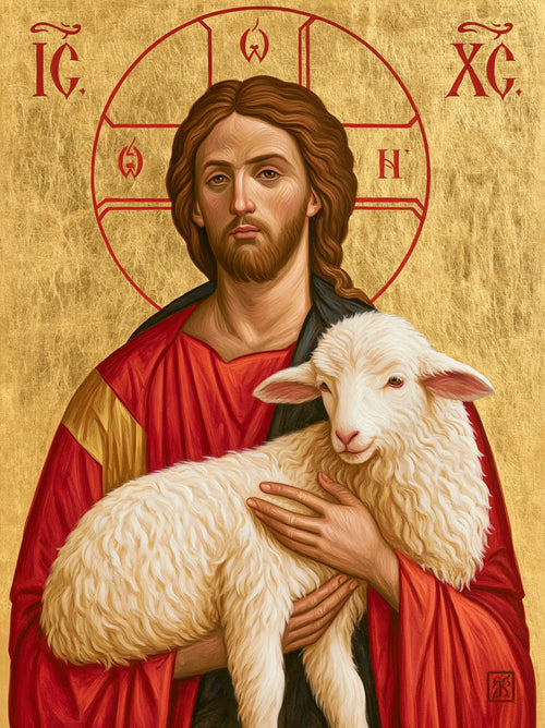 Jesus and the lamb in a contemporary Byzantine icon in Contemporary Byzantine style, portrait Christian artwork no. 13