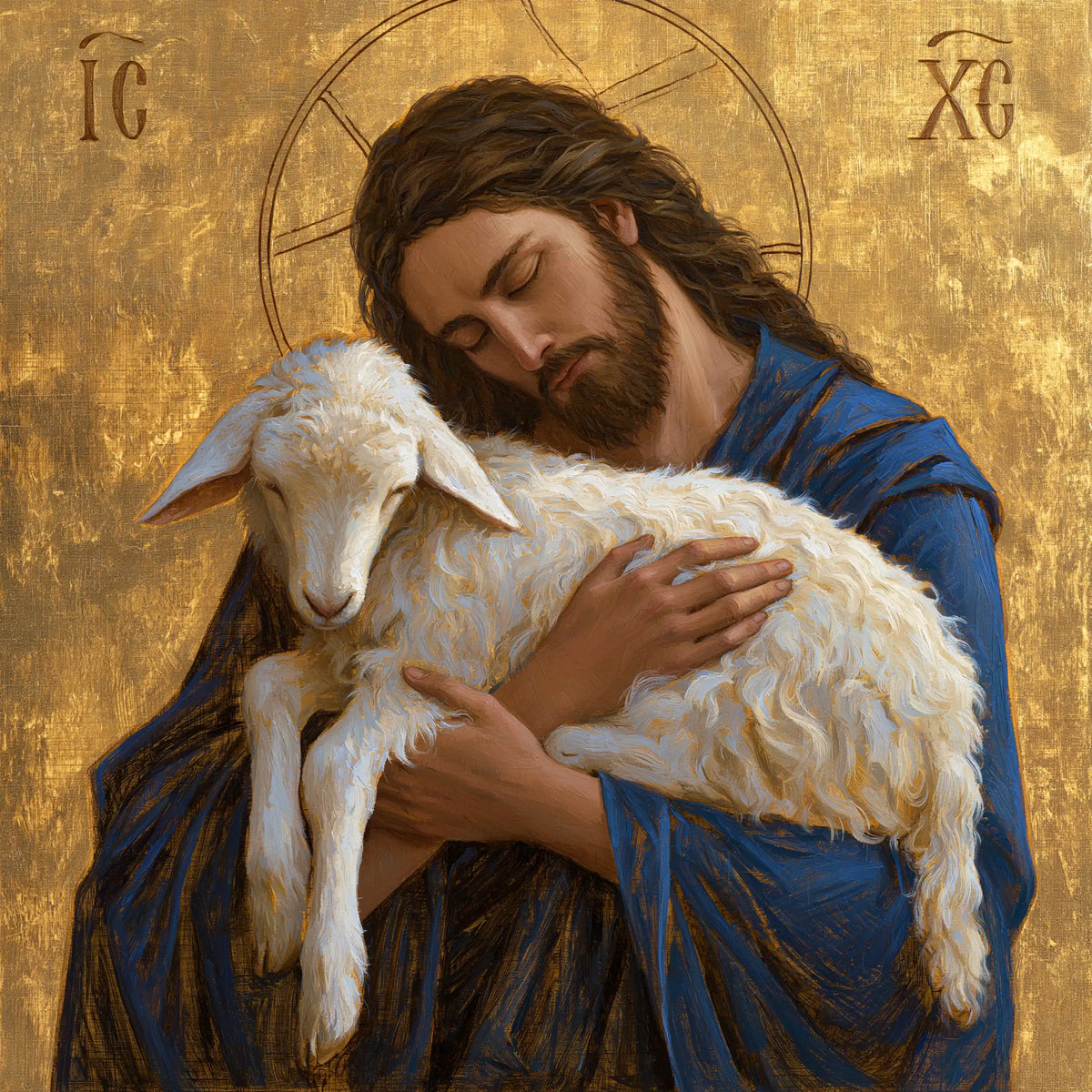 Jesus and the Lamb — Tenderness in Enfolding Blue