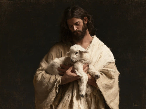 Jesus and the lamb in a minimalist composition in Contemporary Minimalism style, landscape Christian artwork no. 5