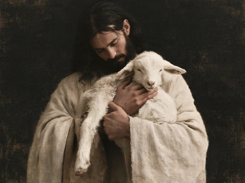 Jesus and the lamb in a minimalist composition in Contemporary Minimalism style, landscape Christian artwork no. 7