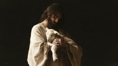 Jesus and the lamb in a minimalist composition in Contemporary Minimalism style, landscape Christian artwork no. 10