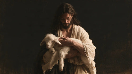 Jesus and the lamb in a minimalist composition in Contemporary Minimalism style, landscape Christian artwork no. 14