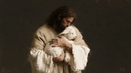 Jesus and the lamb in a minimalist composition in Contemporary Minimalism style, landscape Christian artwork no. 15