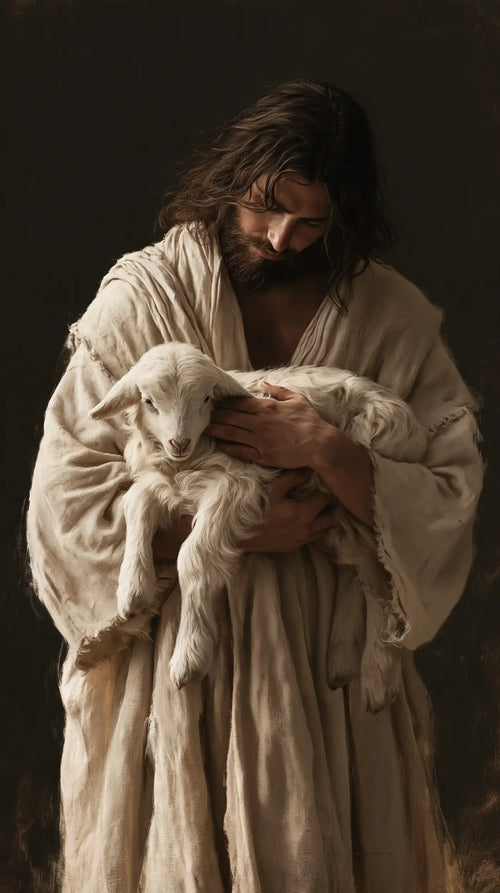 Jesus and the lamb in a minimalist composition in Contemporary Minimalism style, portrait Christian artwork no. 1
