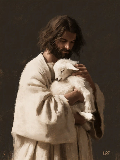 Jesus and the lamb in a minimalist composition in Contemporary Minimalism style, portrait Christian artwork no. 6