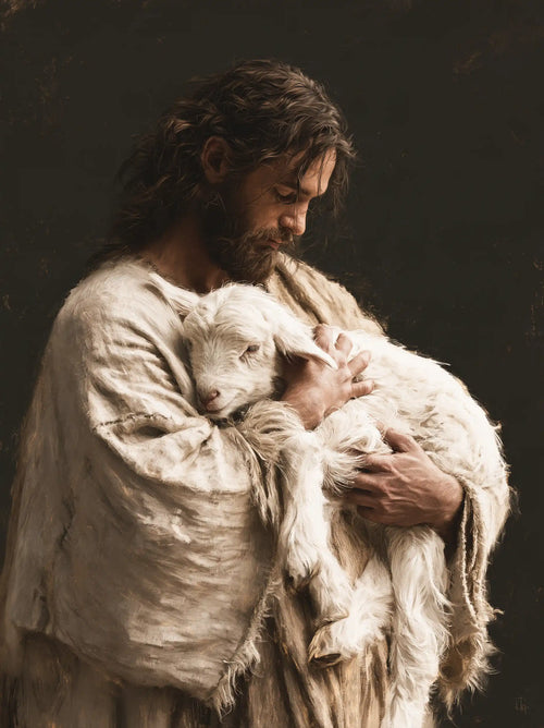 Jesus and the lamb in a minimalist composition in Contemporary Minimalism style, portrait Christian artwork no. 7
