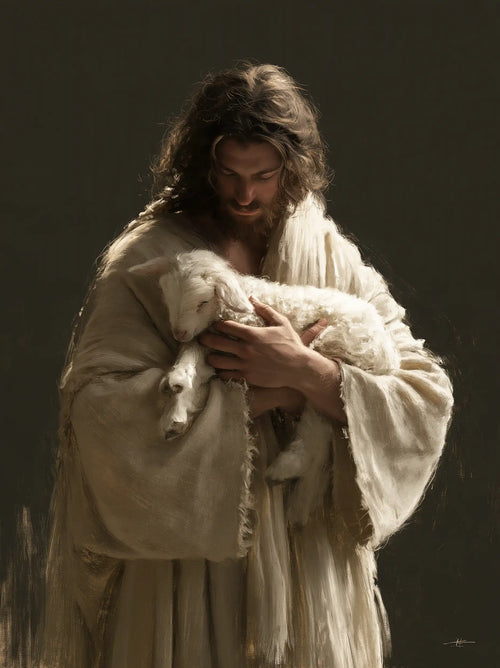 Jesus and the lamb in a minimalist composition in Contemporary Minimalism style, portrait Christian artwork no. 8