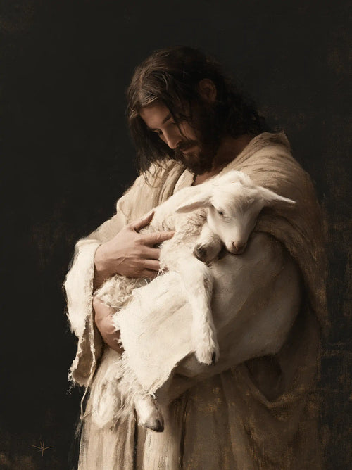 Jesus and the lamb in a minimalist composition in Contemporary Minimalism style, portrait Christian artwork no. 9