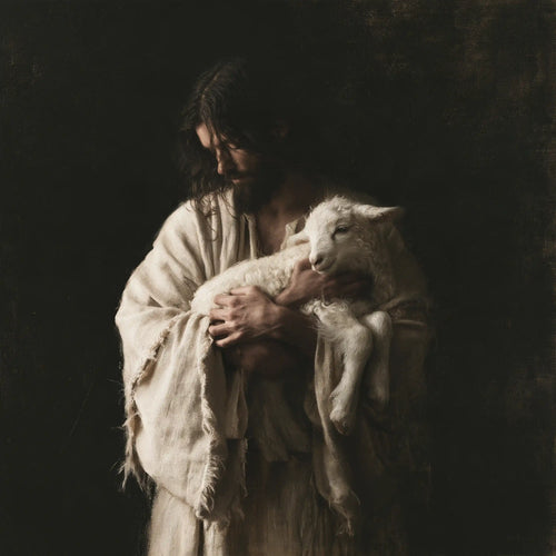 Jesus and the lamb in a minimalist composition in Contemporary Minimalism style, square Christian artwork no. 1