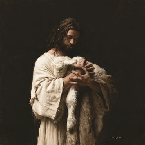 Jesus and the lamb in a minimalist composition in Contemporary Minimalism style, square Christian artwork no. 4